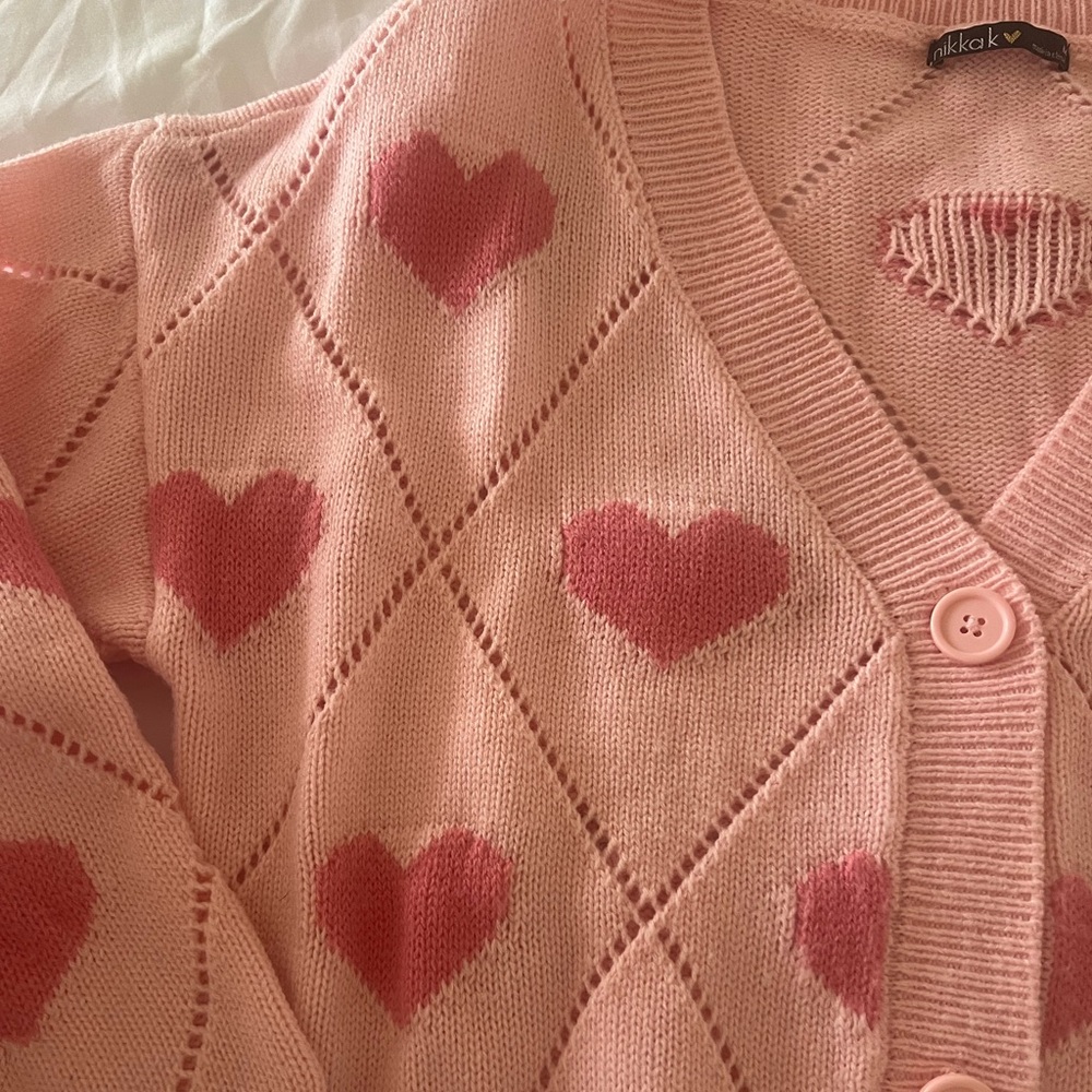 Pink Red Heart Cardigan Button Down Sweater Womens M perfect for Valentine’s Day